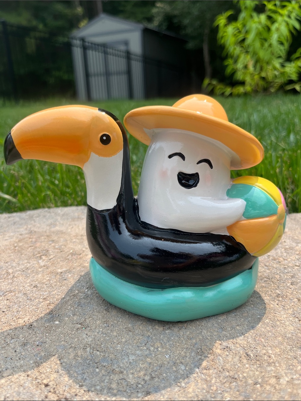 Ceramic Toucan Float with Smiling Ghost and Beach Ball - 5”x 5”
